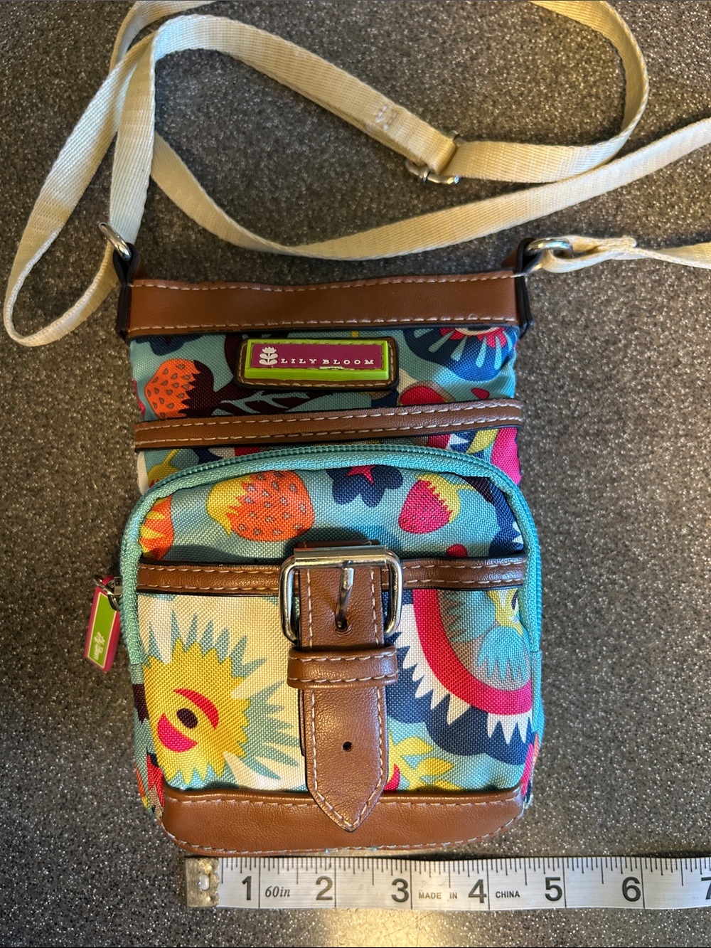 Lily Bloom Teal Floral Multi-Color Crossbody Bag with Brown Trim
